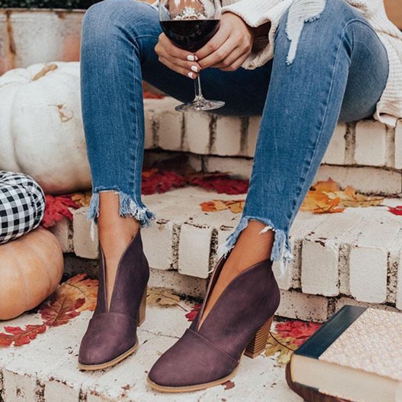 Shoes - Wine Valerie Front V-cut Closed Toe Heel Bootie
